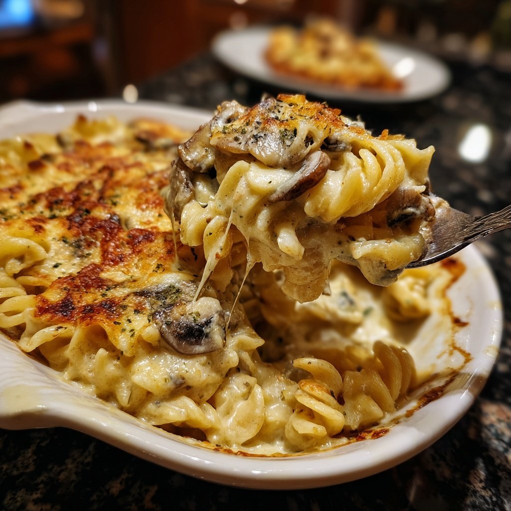 Nudelauflauf mit Champignons und Sahne